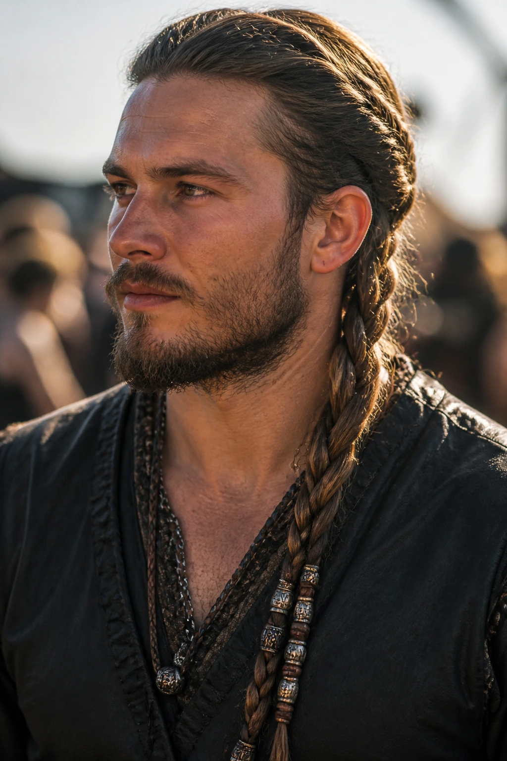 Close-up of a man with a bead-adorned single braid at a sunlit festival