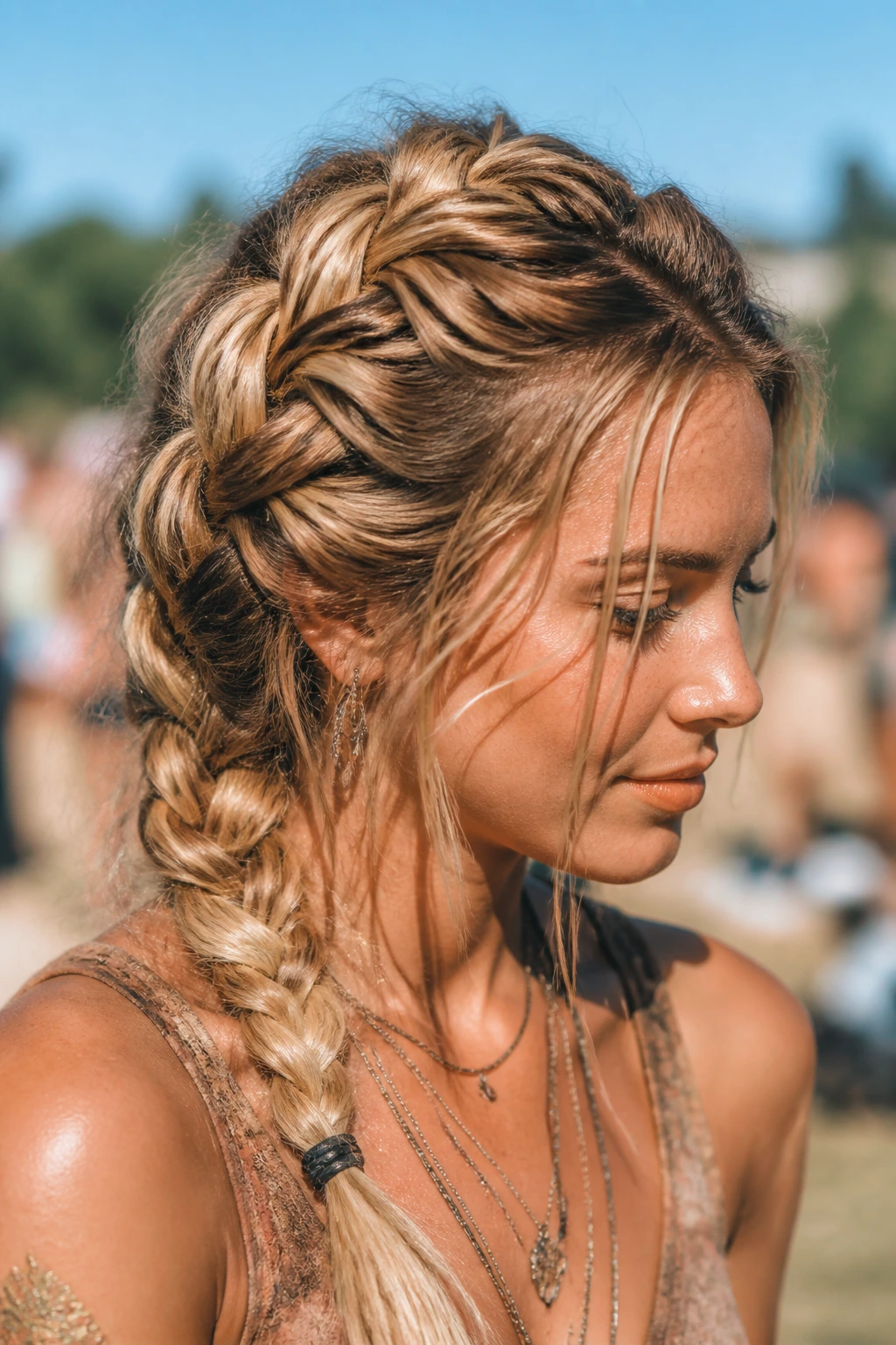Close-up portrait of a real woman with a messy textured festival French braid outdoors