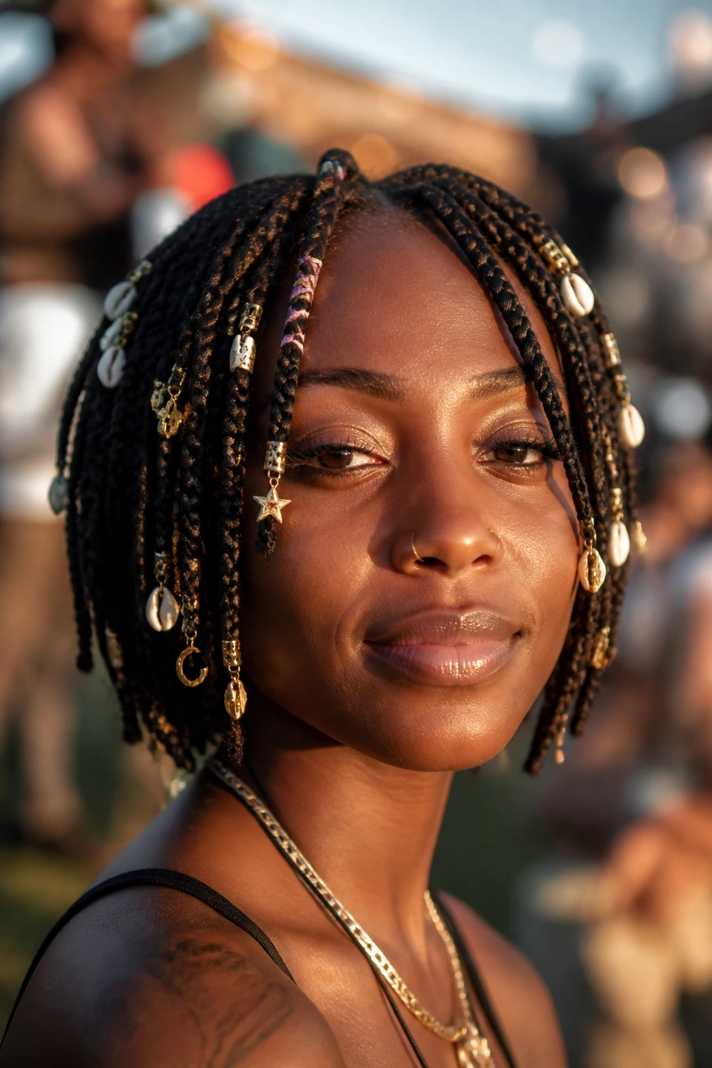 Close-up of a real person's short box braids with charms and shells arranged playfully.