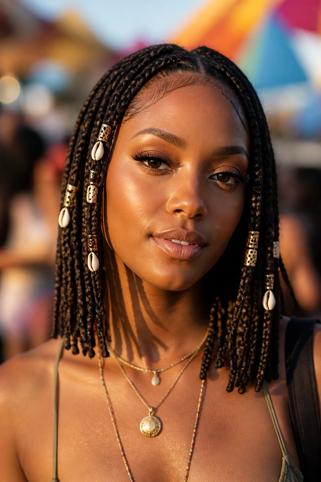 Close-up portrait of a real person with festival braids and shells