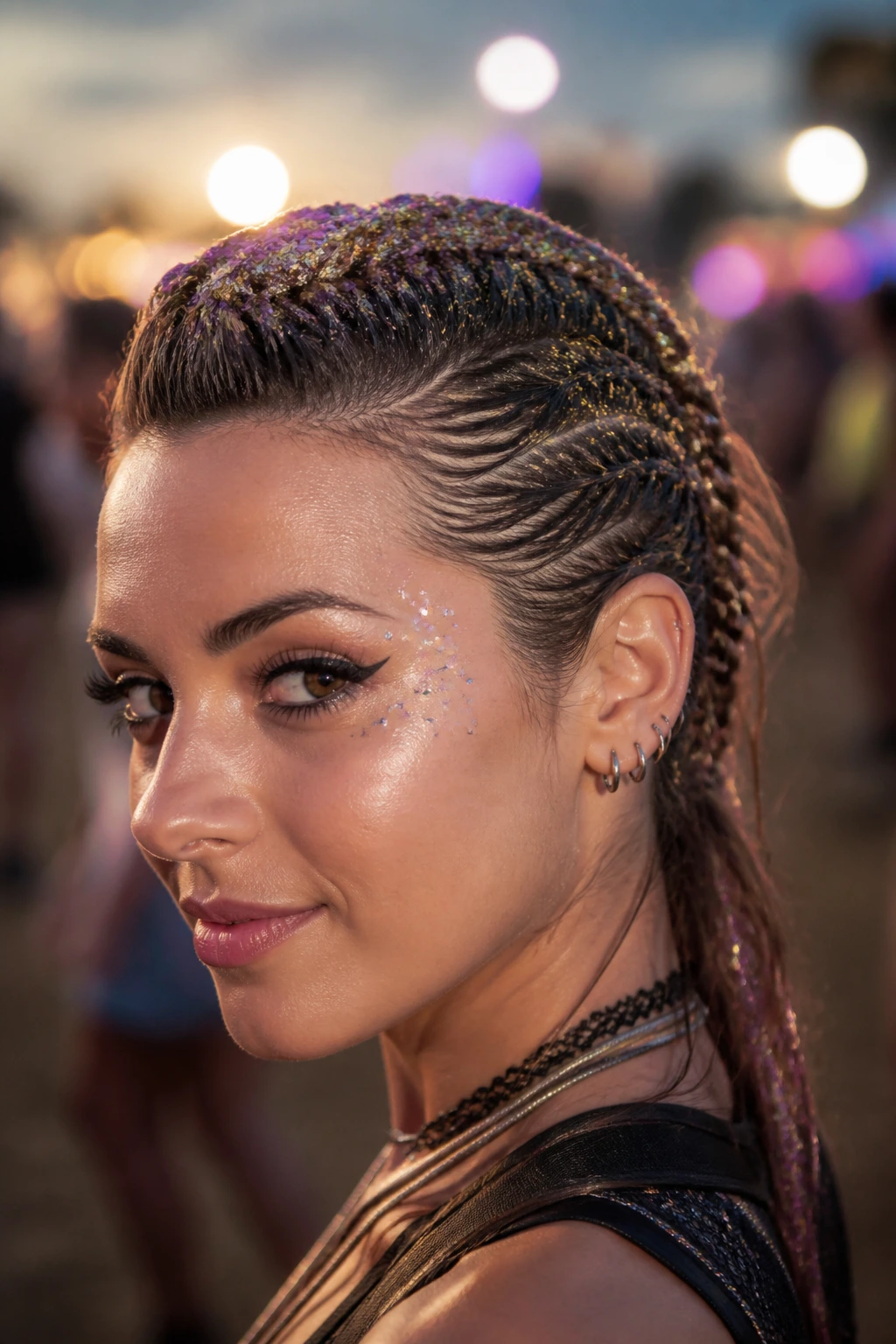 Close-up of a glittery faux hawk on a real woman's head at a festival setting