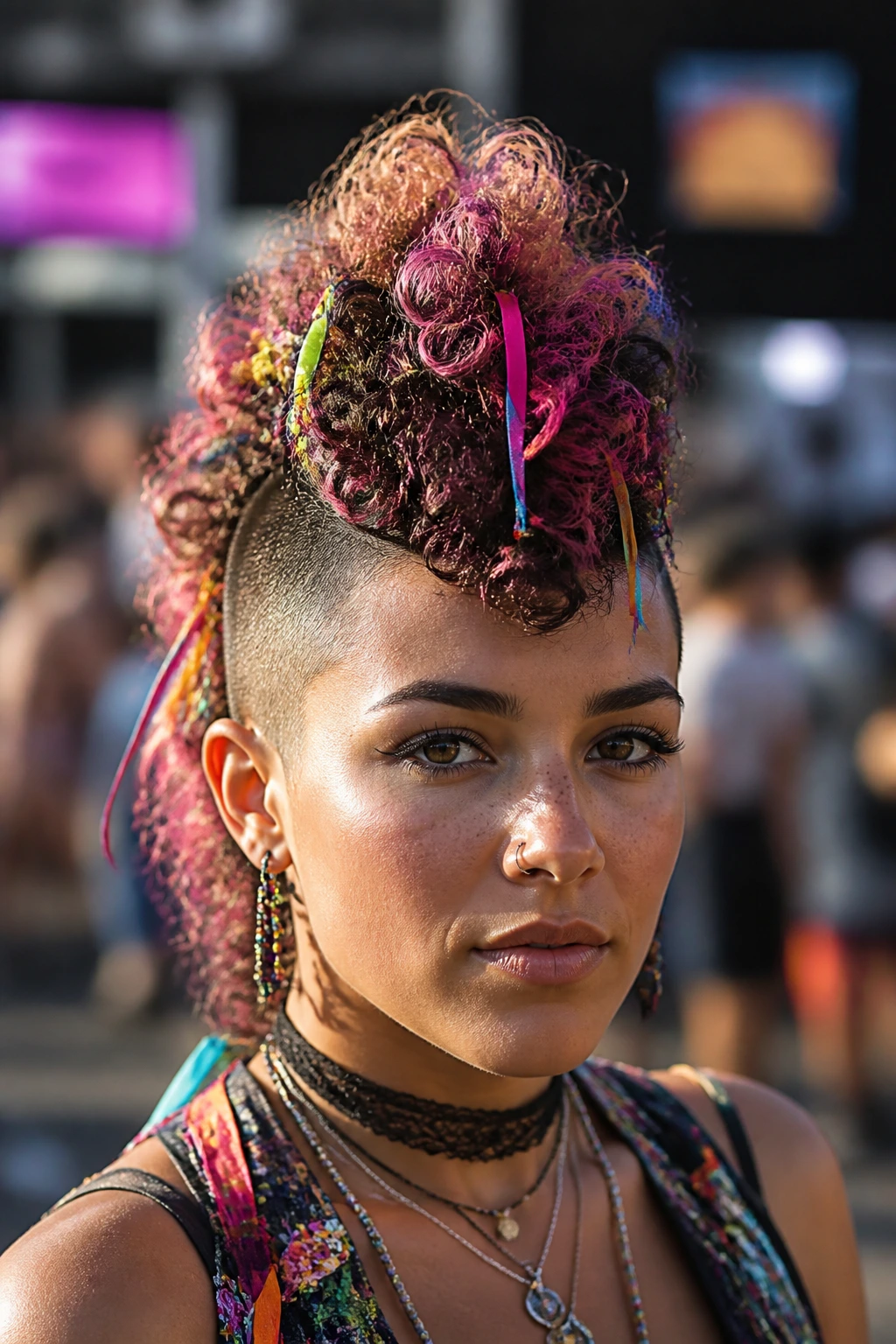 Close-up of a real person with a festival hawk featuring colorful clips and ribbons.