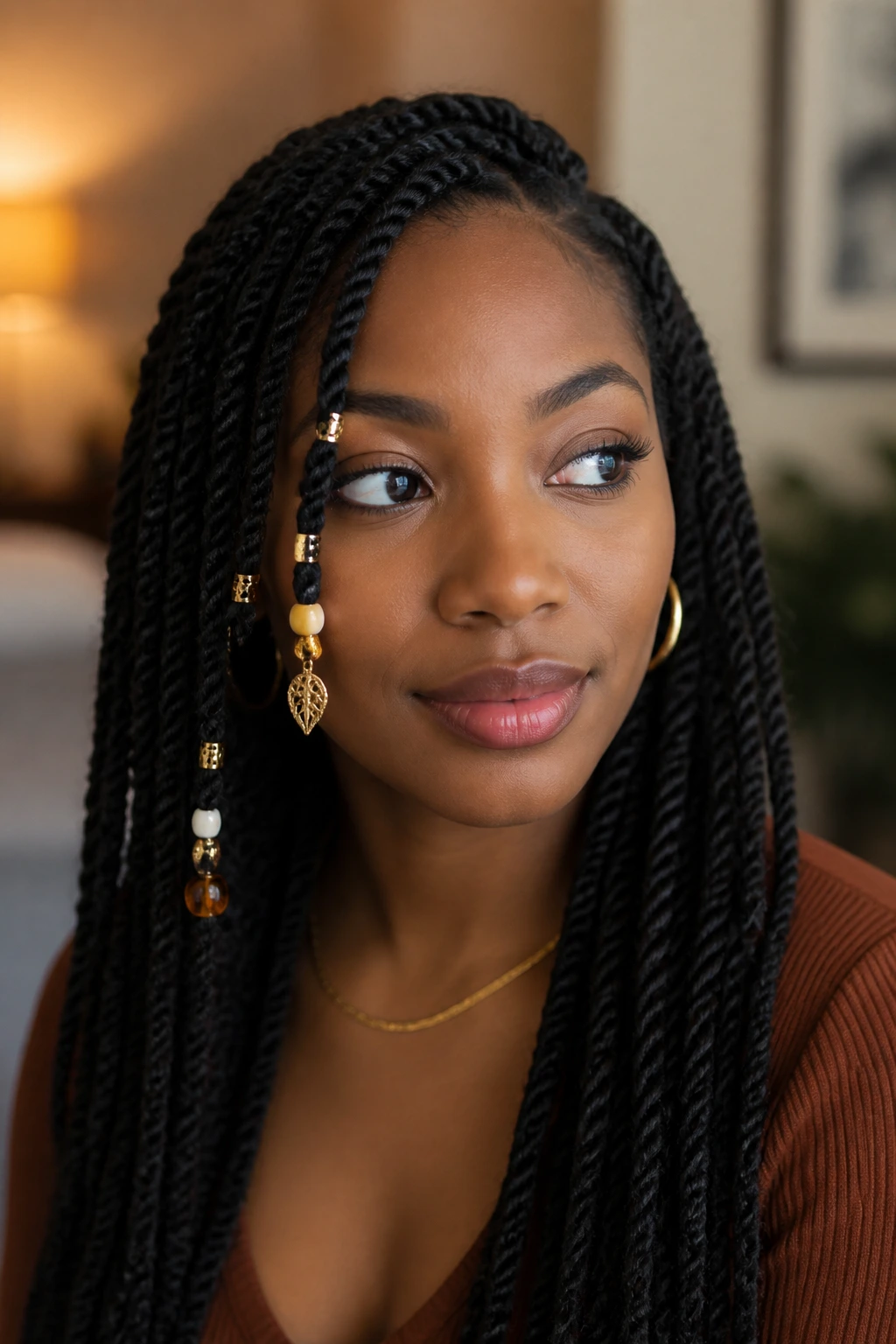 Close-up of festival twists with beads and charms on a real person