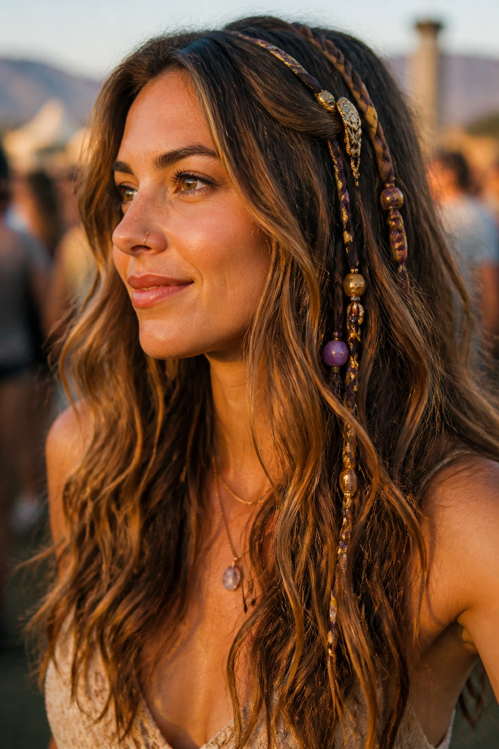 Real person with festival-inspired waves and hair accessories