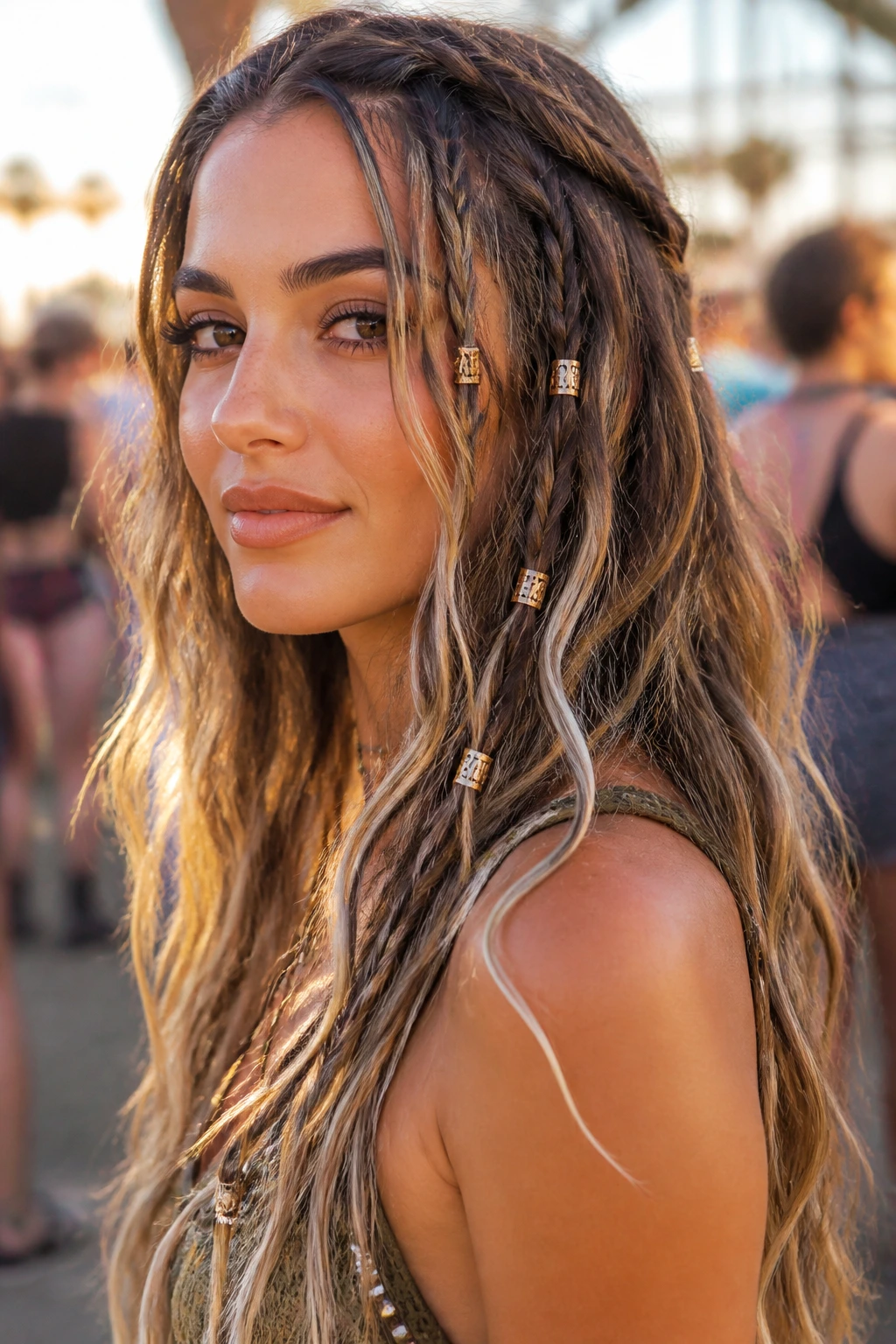Close-up of a real woman with festival waves, braids, and cuffs in hair outdoors
