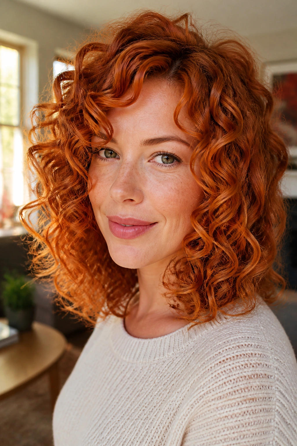 Close-up of real woman with fiery copper curls on medium-length hair