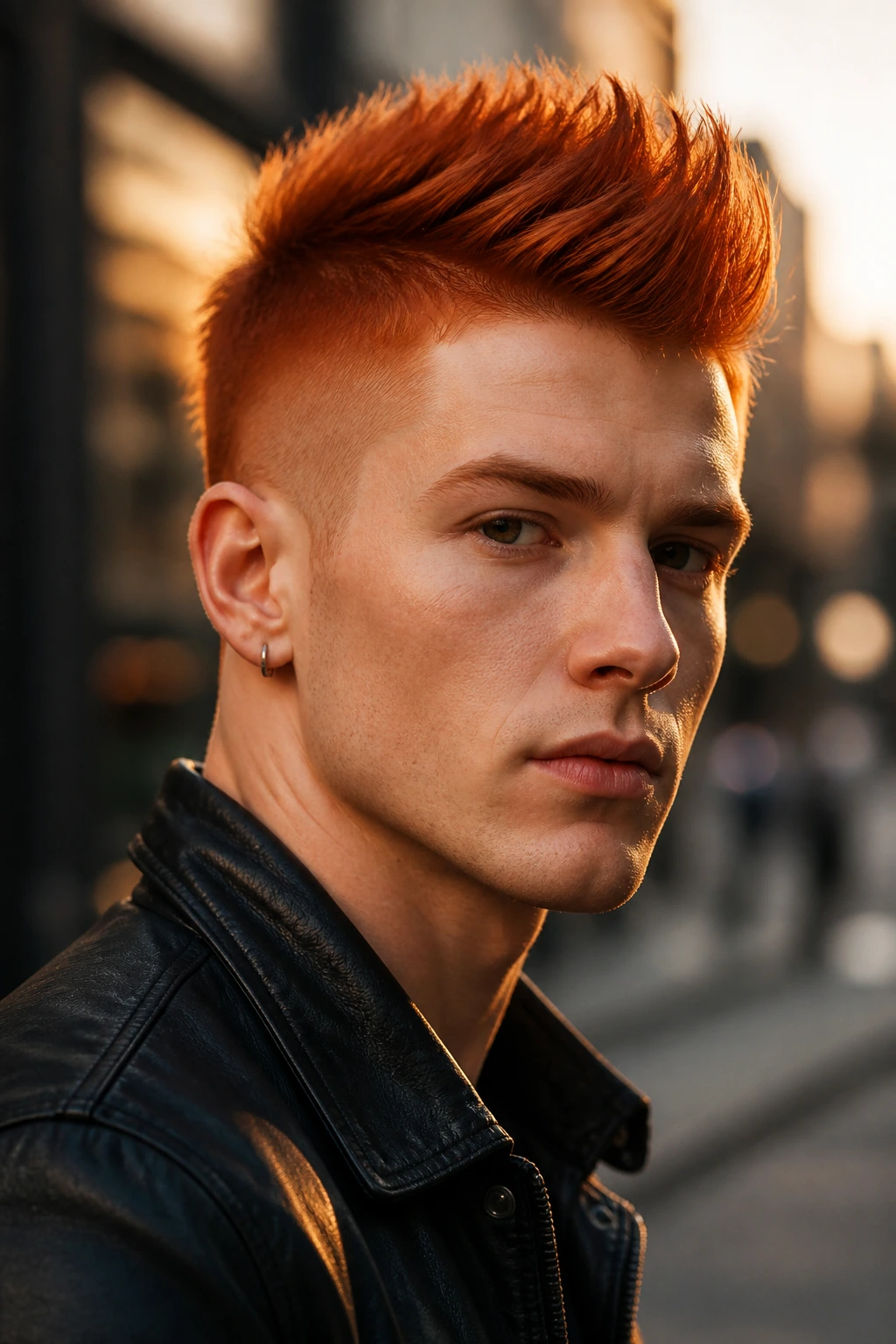 Close-up of a man with a fiery faux hawk hairstyle on a city street