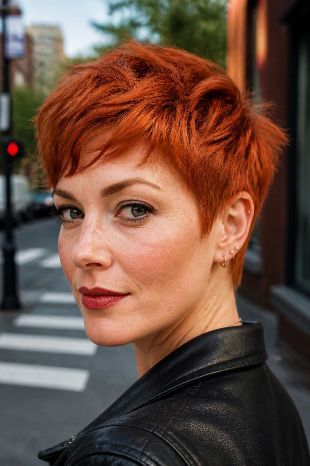 Close-up of a real woman with fiery ginger pixie under daylight