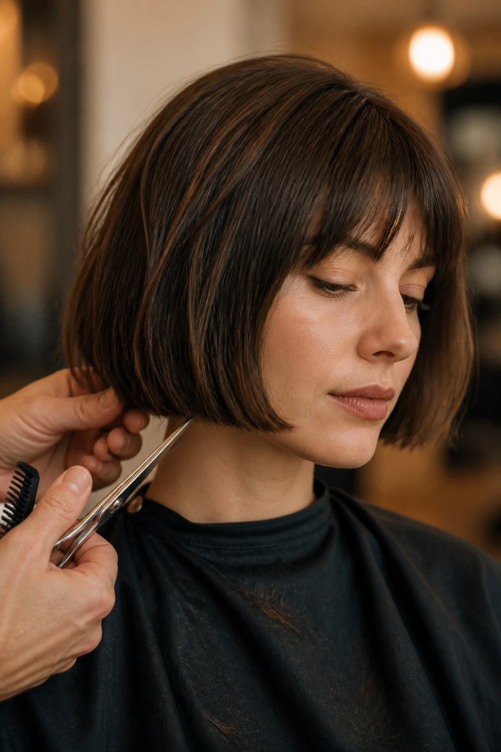 Close-up of a real woman getting the final snip on a French bob in a salon