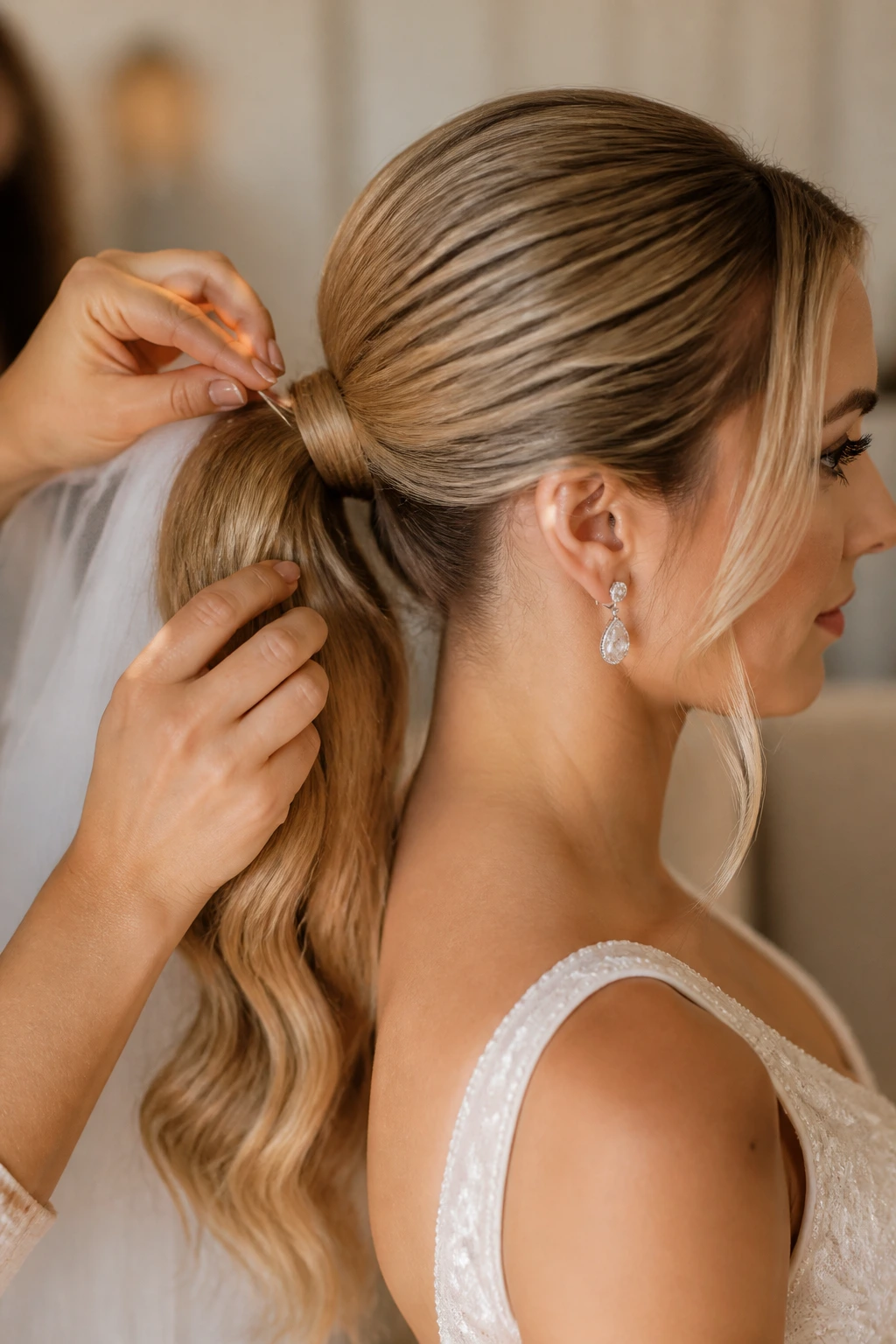 Close-up of final pin being placed in a bridal ponytail