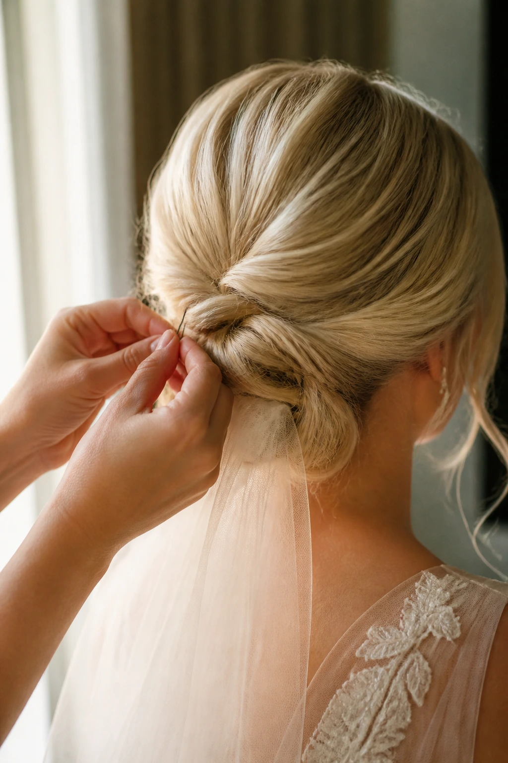 Final pin placed at back of bride's updo before aisle