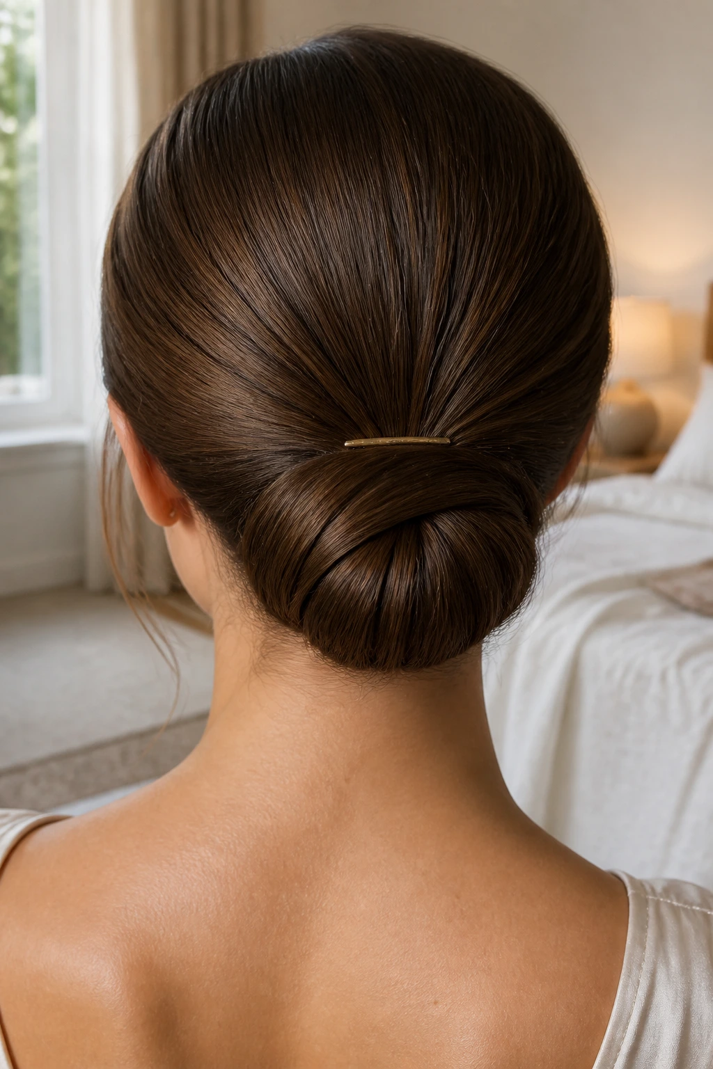 Back view of a real woman with a polished low bun secured by a small hairpin
