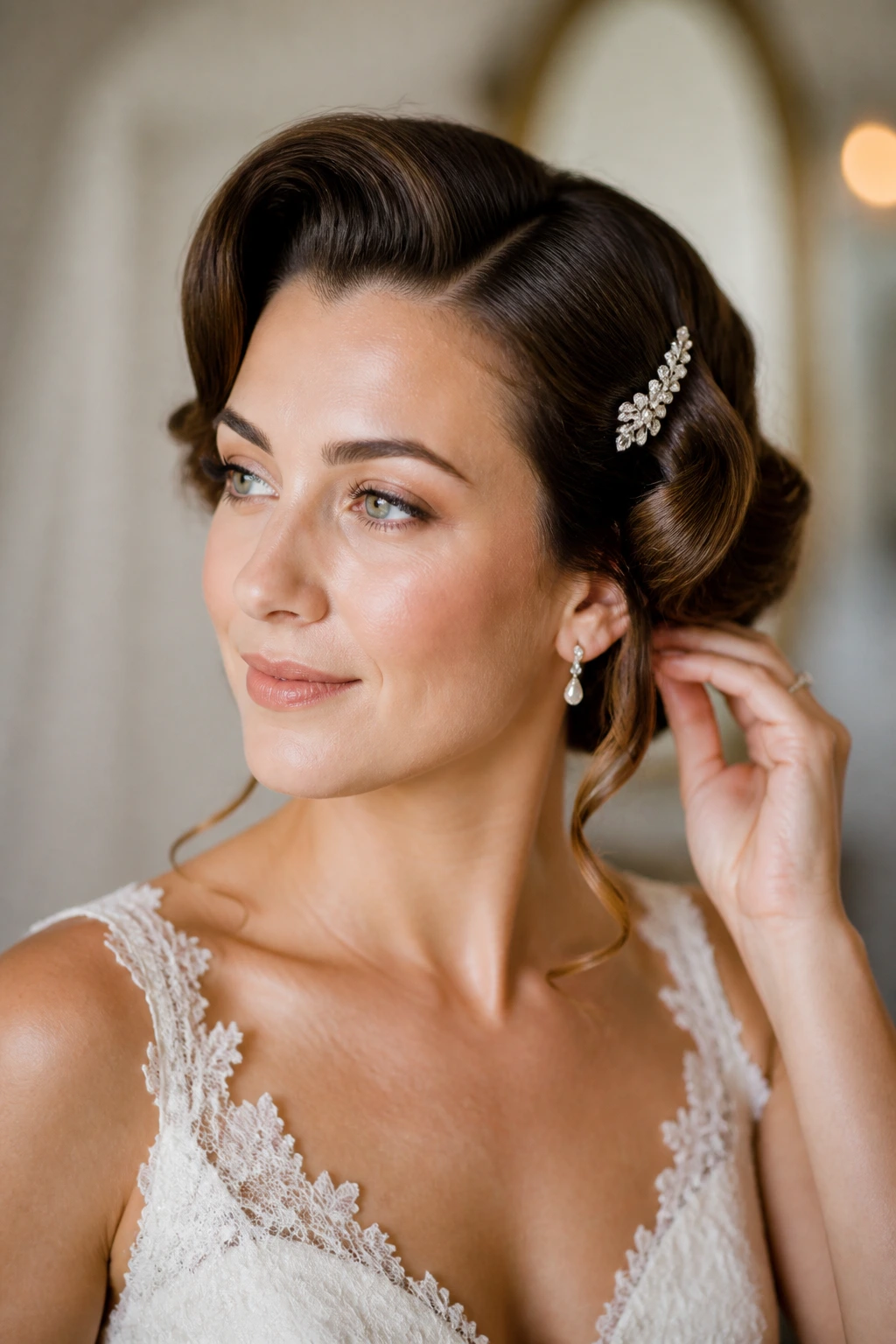 Close-up of a real bride with final polish on vintage hairstyle