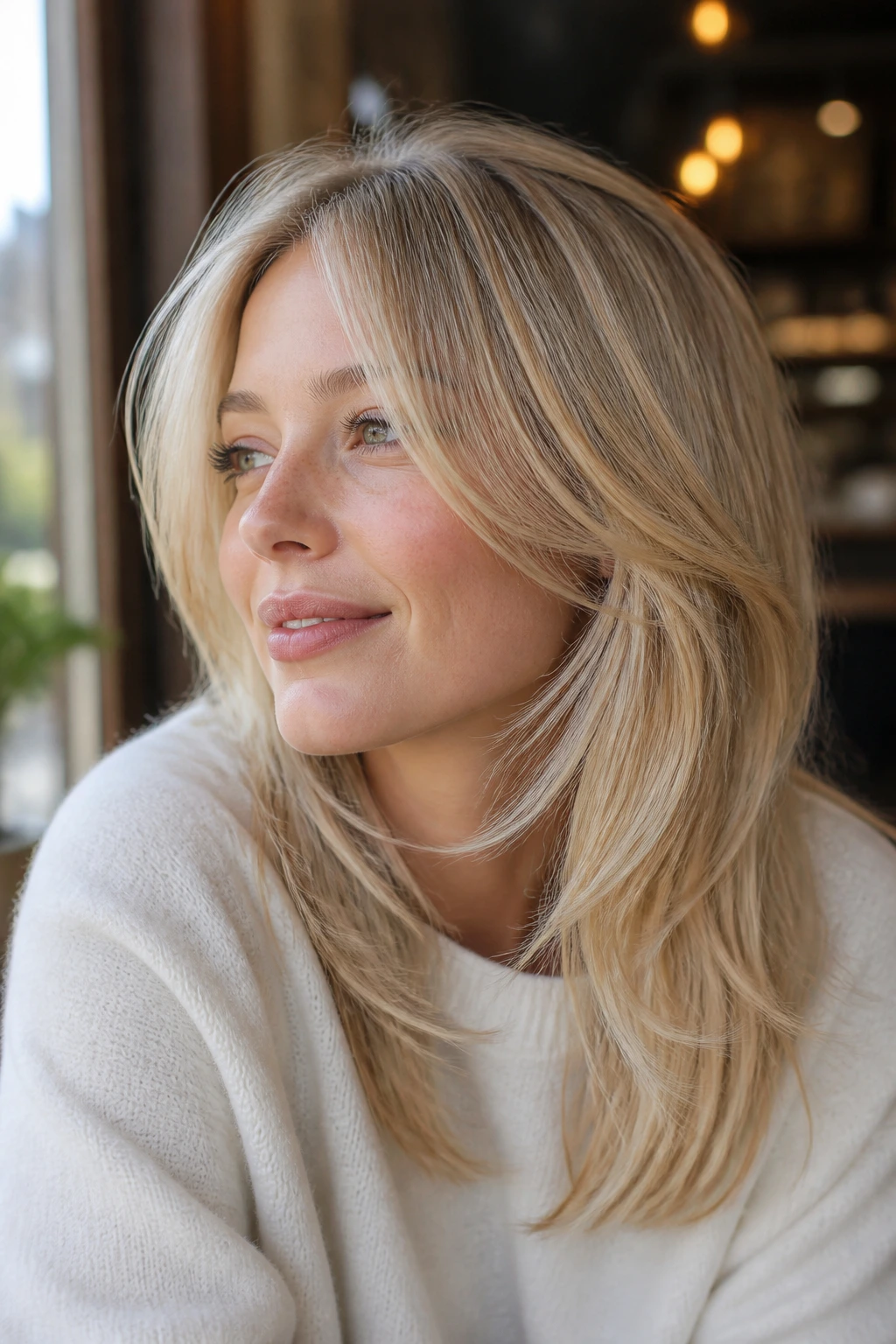 Close-up of a real woman with fine blonde hair showing face-framing layers around the chin