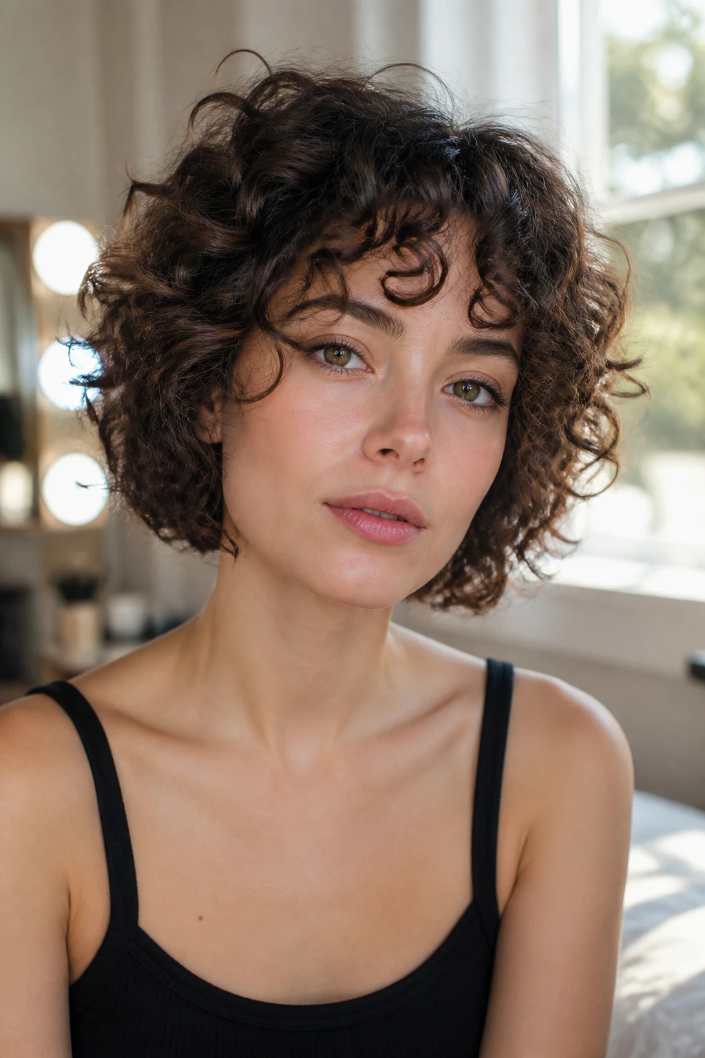 Close-up of a woman with fine-curl chin-length cut and soft graduation in bright light