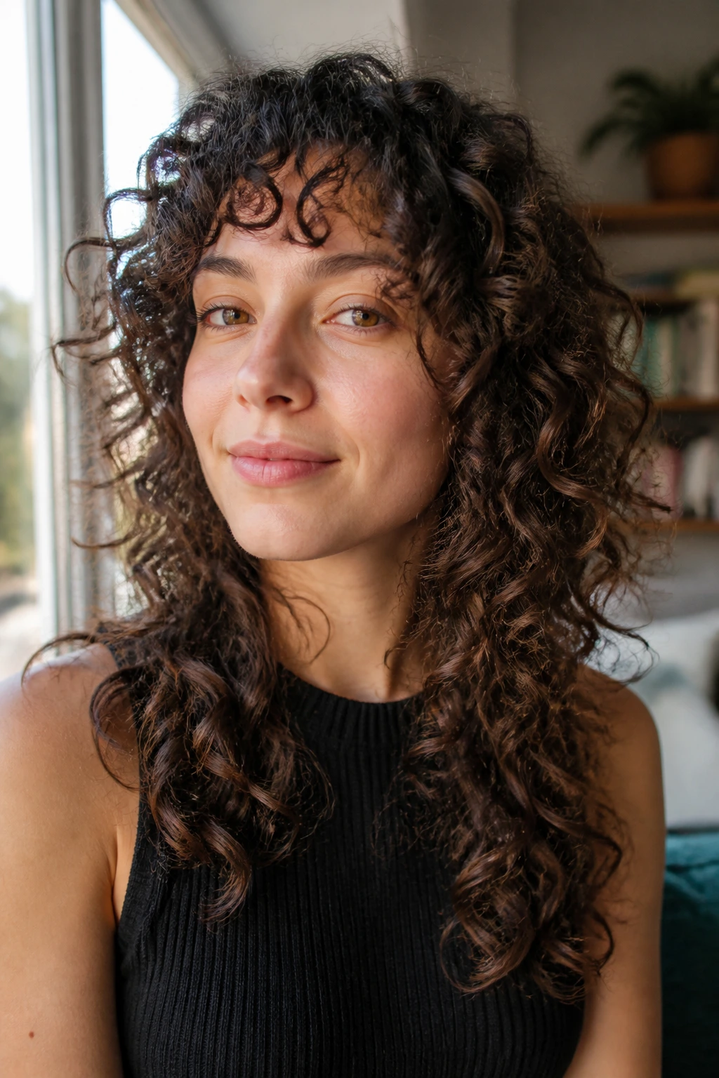 Real woman with fine curled layers framing the face