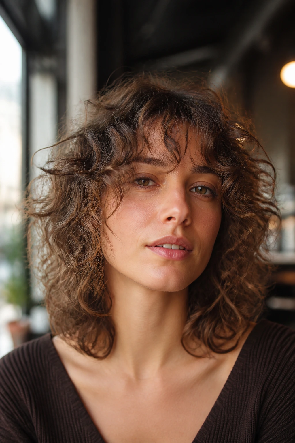Close-up of a real woman with fine curls and a lightweight fringe around the nose