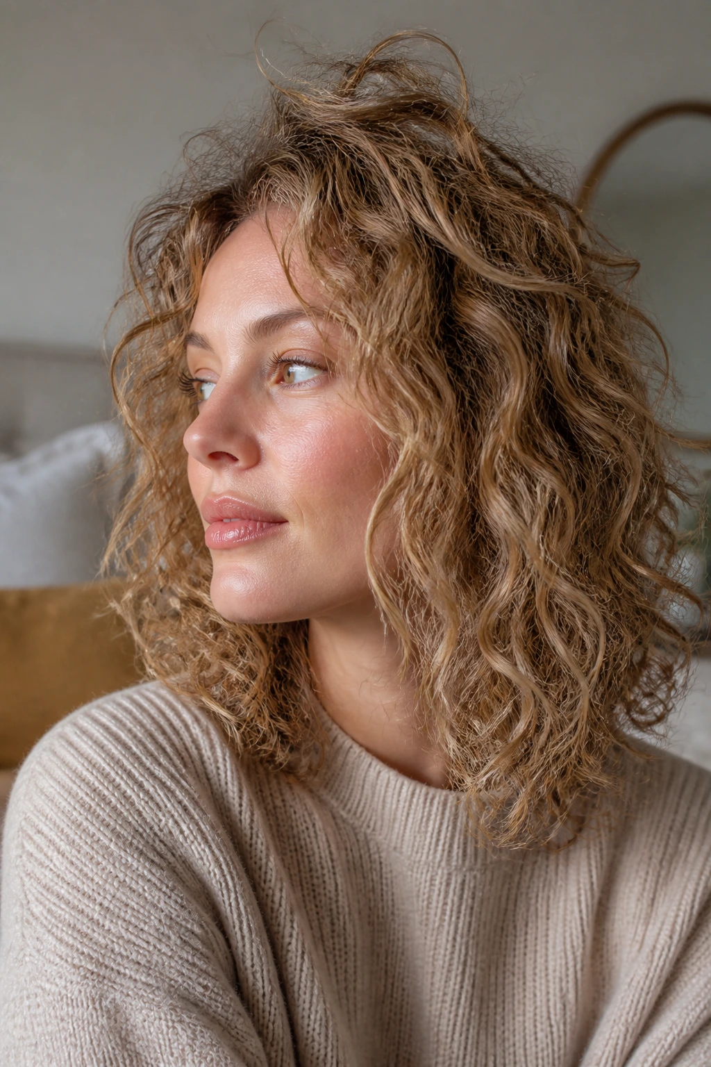 Close-up of fine curls with feathered, airy texture