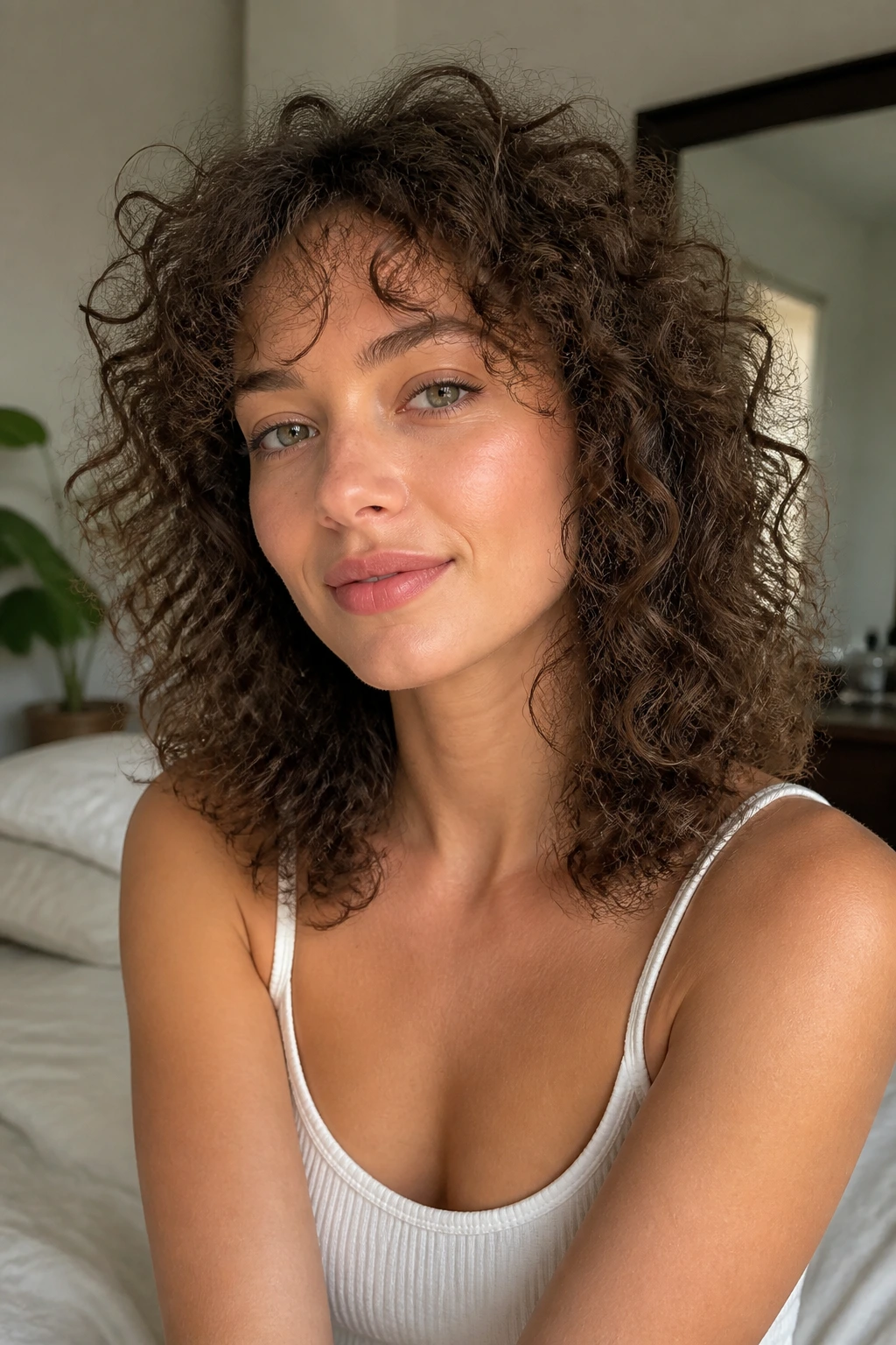 Close-up of a real person with fine curly hair showing subtle interior layers