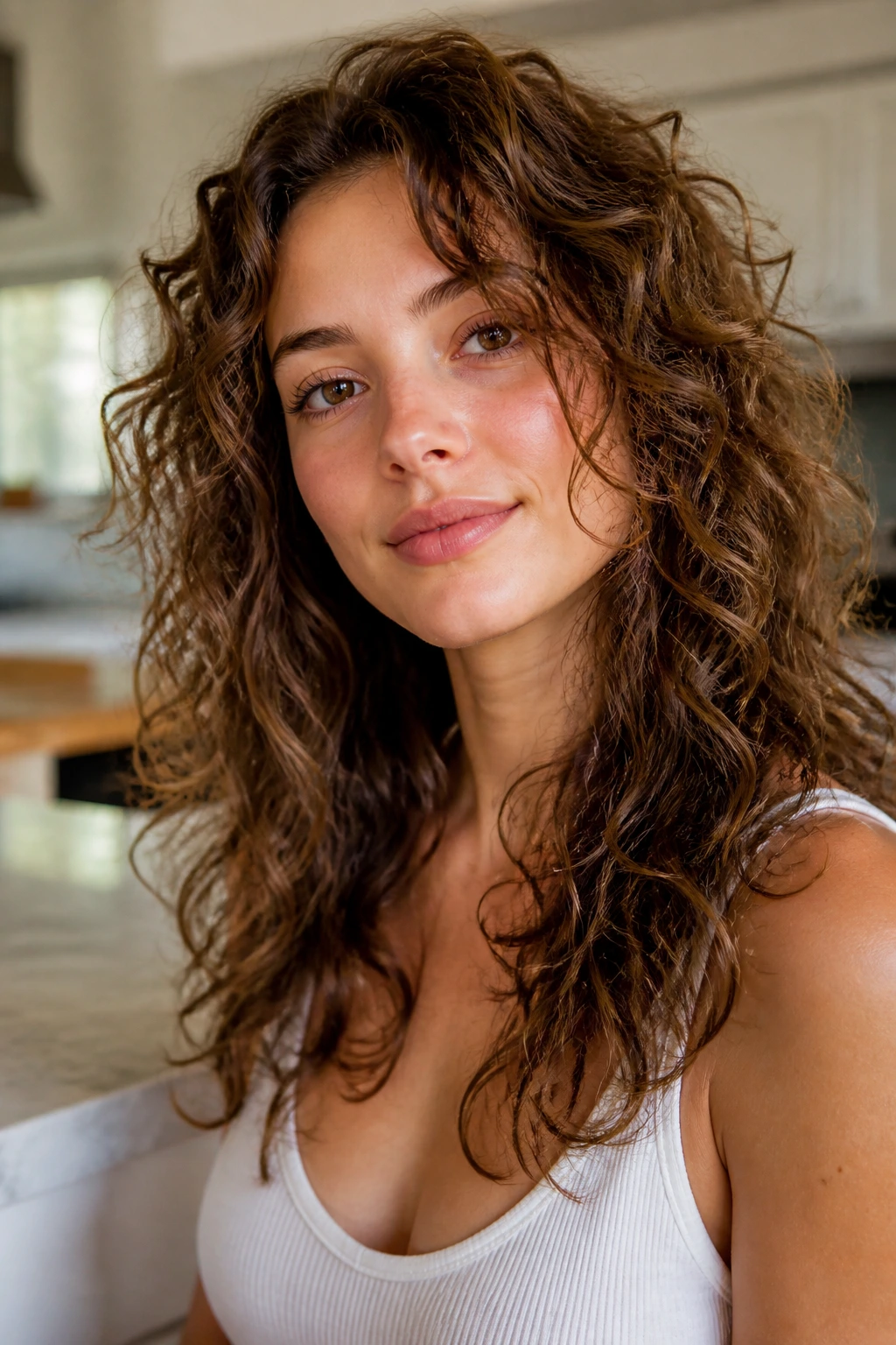 Real woman with long layers in fine curly hair framing the face