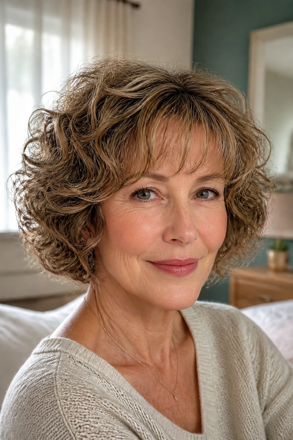 Close-up of fine curls with light bangs in sunlit bedroom.