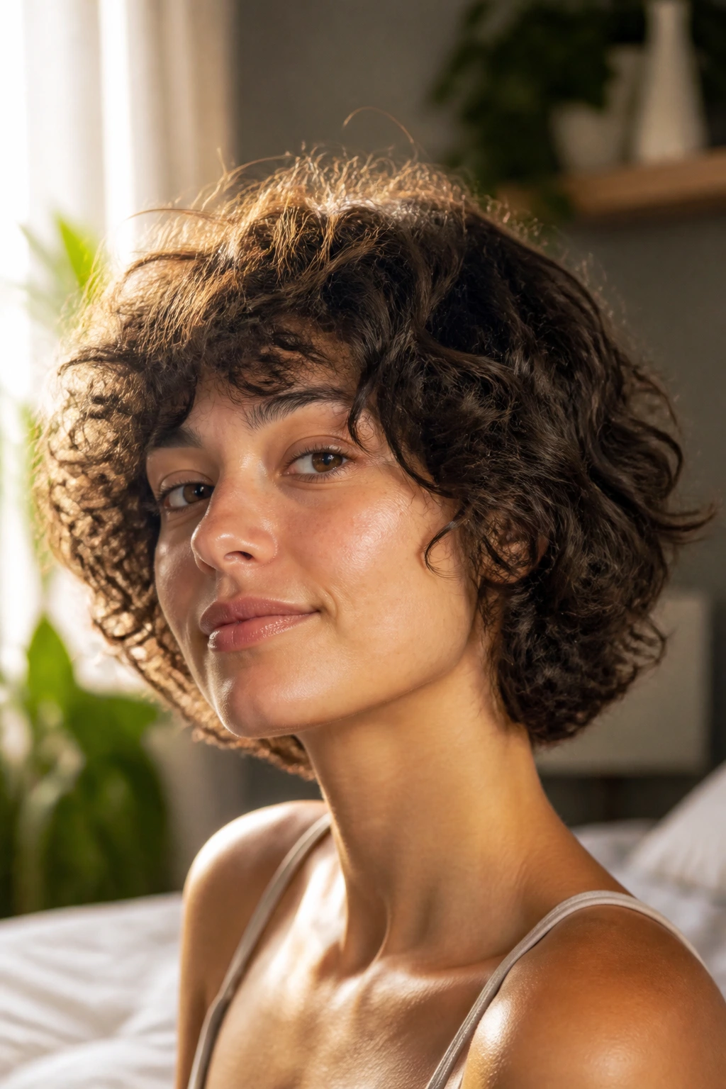 Close-up of real person with short curly shag showing crown lift and solid ends for fine curls