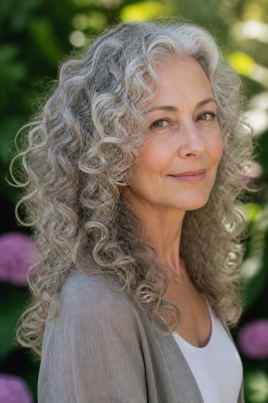 Close-up of a real woman with fine curls and spiral layers in natural light.