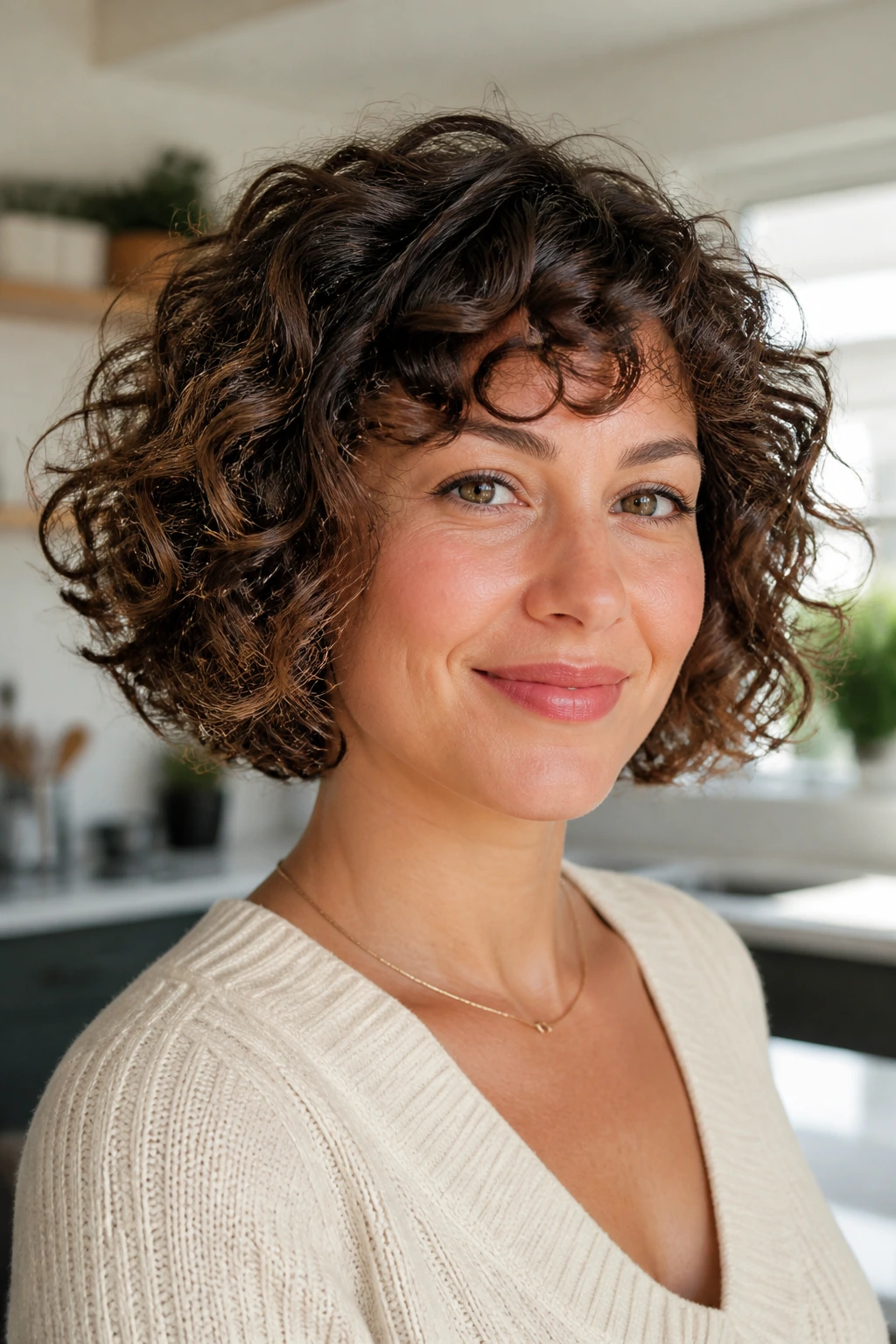 Portrait of a woman with a fine curly bob showing volume and texture.