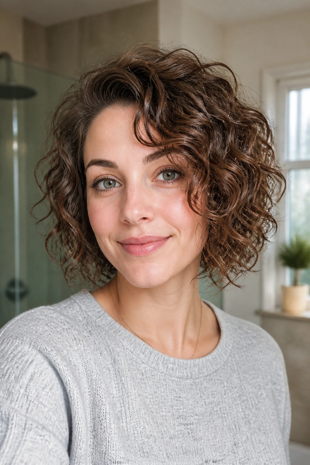 Close-up portrait of a real woman with Layered Bob for Fine Curly Hair in bright morning light.