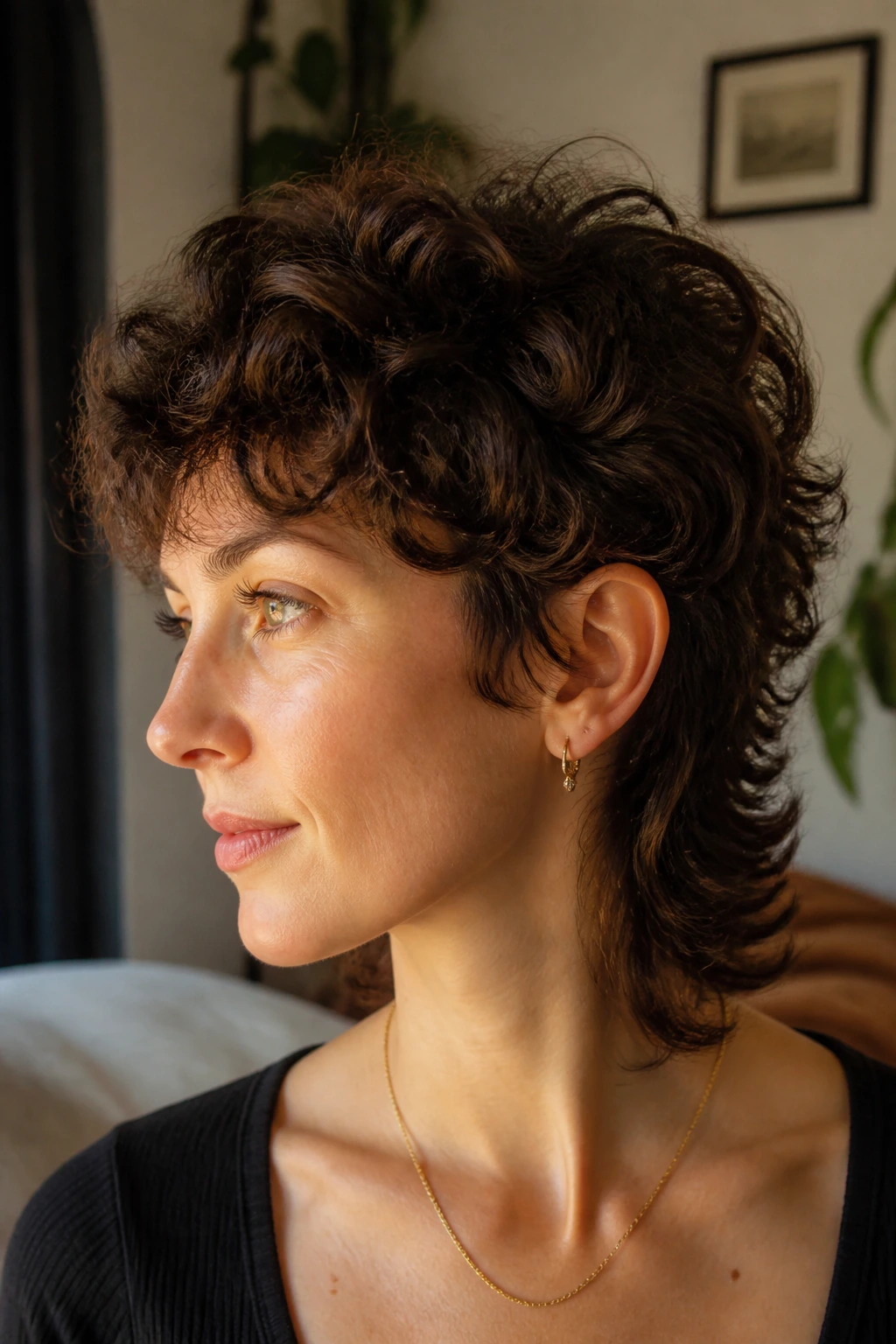 Close-up portrait of a real person with fine curls forming a compact mullet silhouette