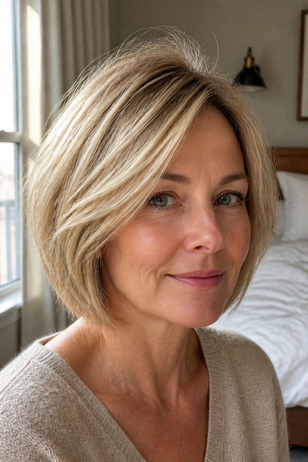 Close-up portrait of a woman with a fine-hair airy bob and crown lift