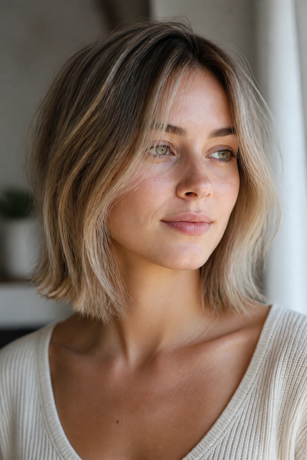 Real woman with Fine-Hair Airy Chop, shoulder-length with airy layers and minimal taper in bright light