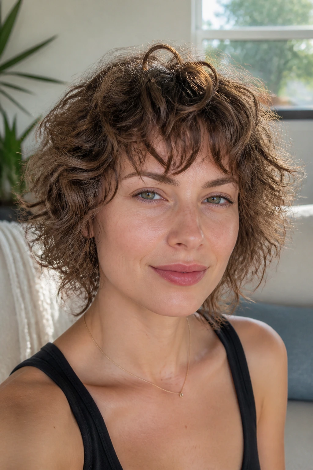 Close-up portrait of a real woman with fine airy curls in a sunlit living room.