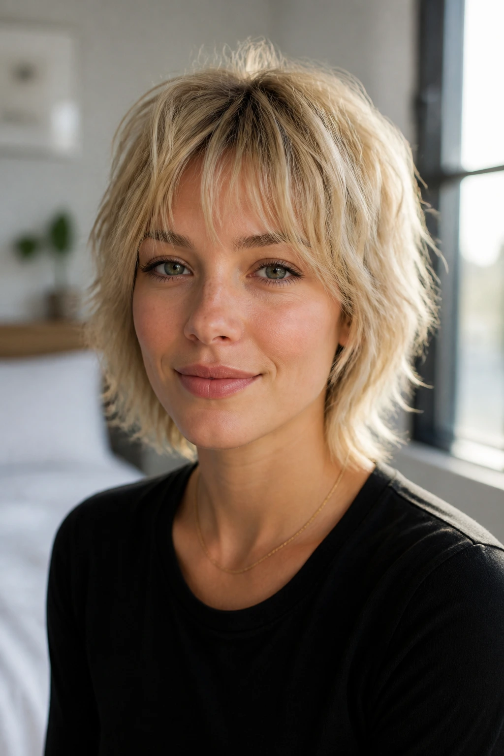 Close-up portrait of real person with fine-hair airy shag showing lift at crown