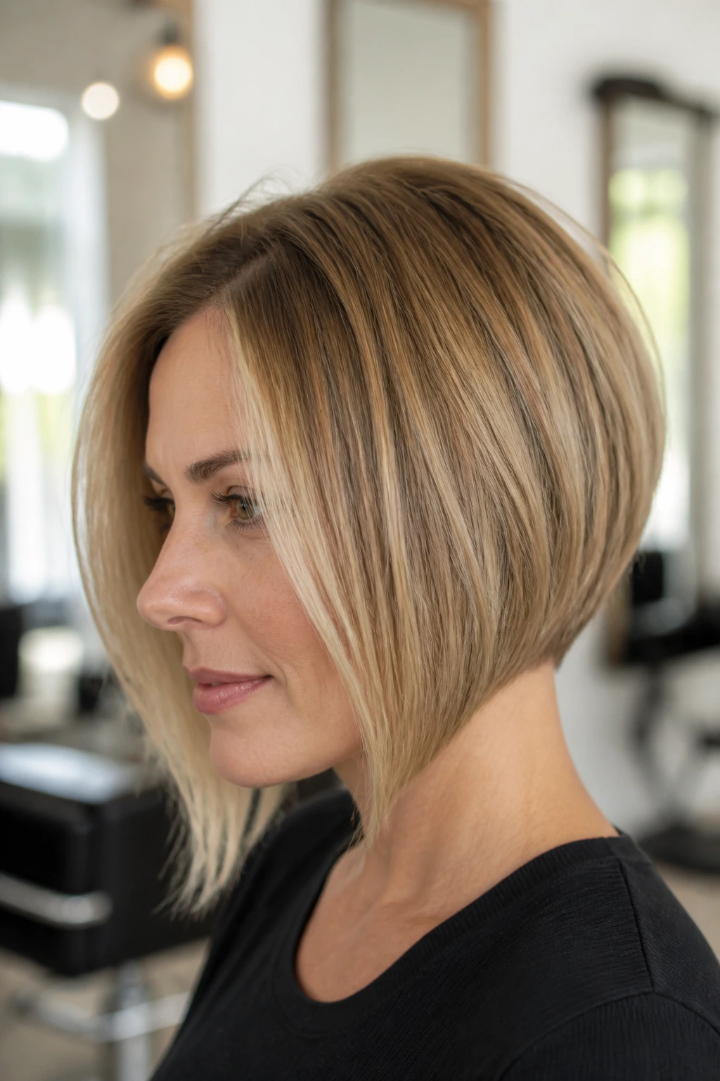 Close-up of a woman with fine hair angled bob in a bright minimalist salon