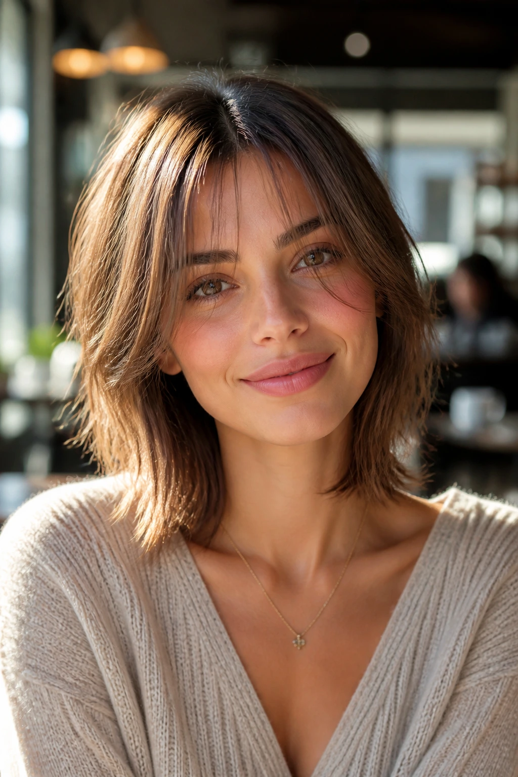Portrait of a woman with airy face-framing bangs for fine hair in a cafe.