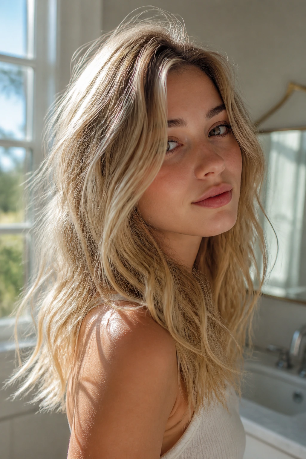 Close-up portrait of a real woman with fine hair lifted at the crown and airy beachy waves