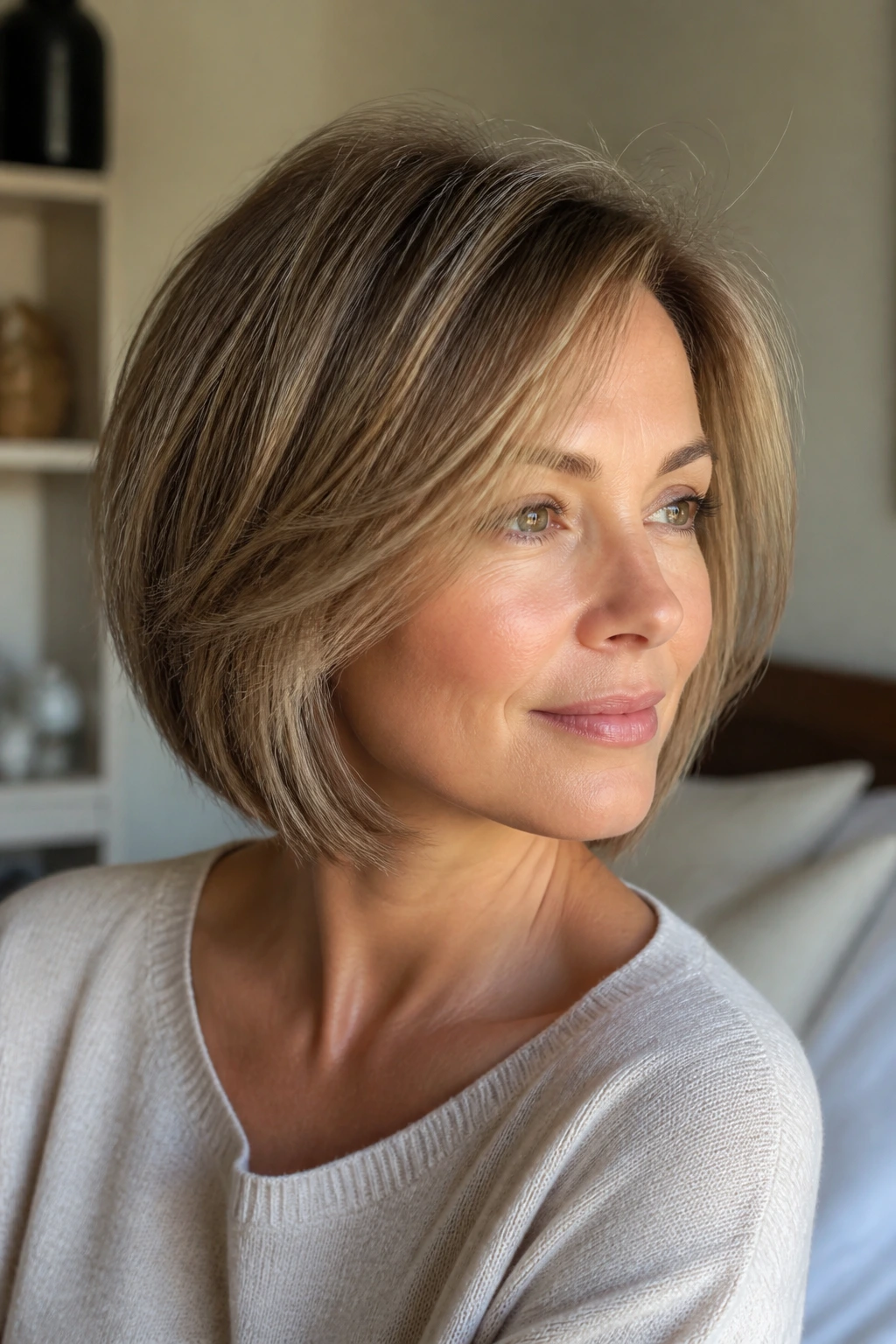 Close-up of a real woman with a fine-hair bob and blended layers under warm light