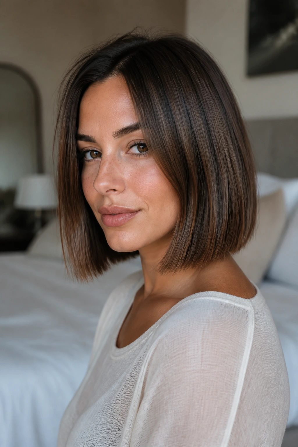 Portrait of a real woman with a fine-hair density blunt bob in a modern room