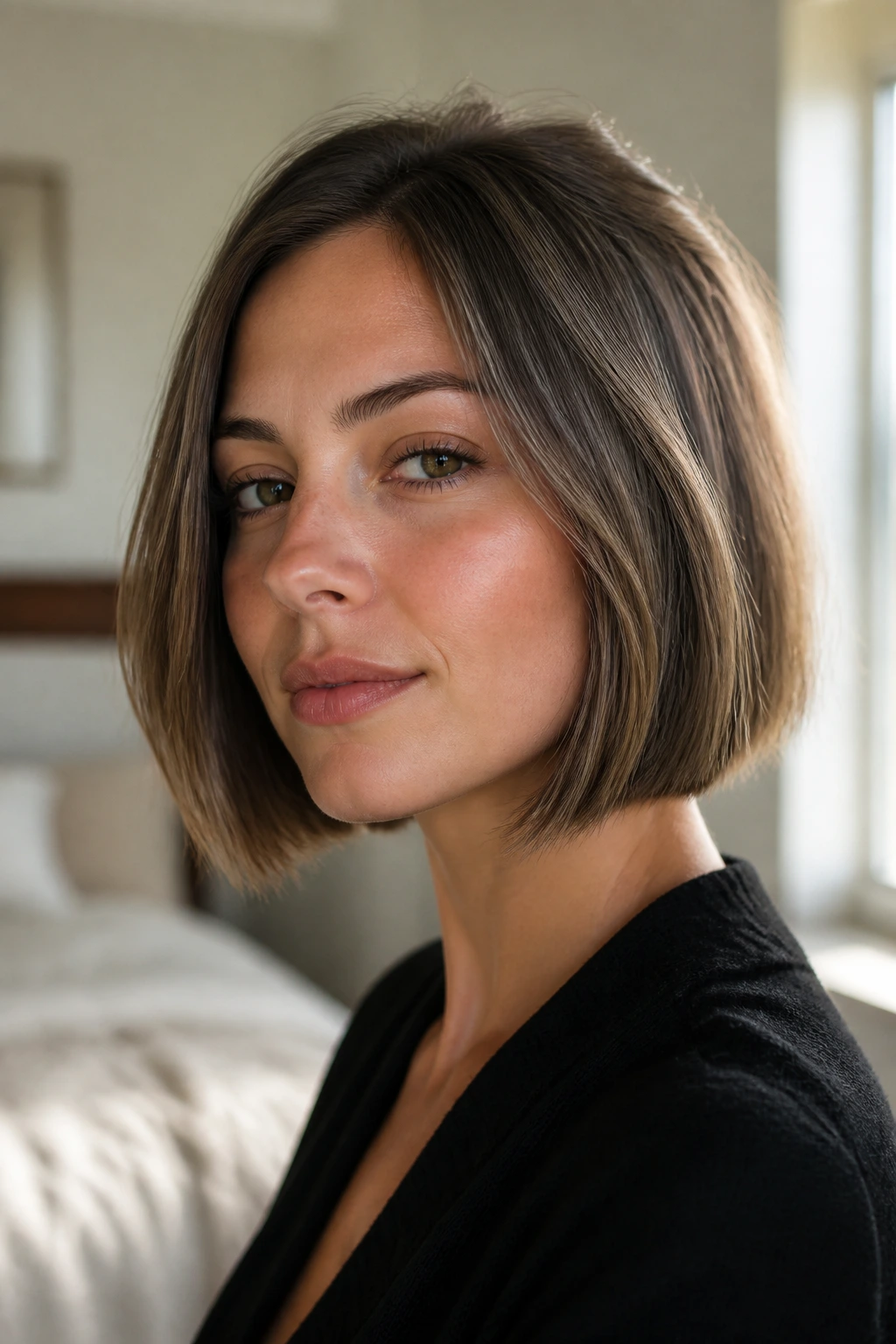 Close-up of a woman with a blunt-edged chin-length bob and lifted crown.