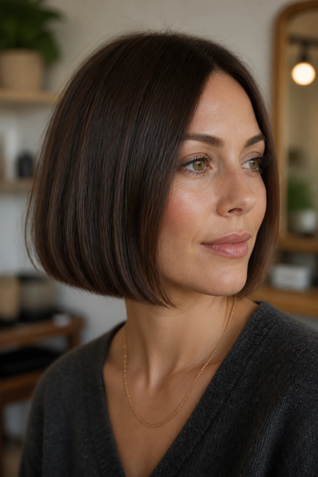 Close-up of a real person with fine hair and a blunt-edged bob