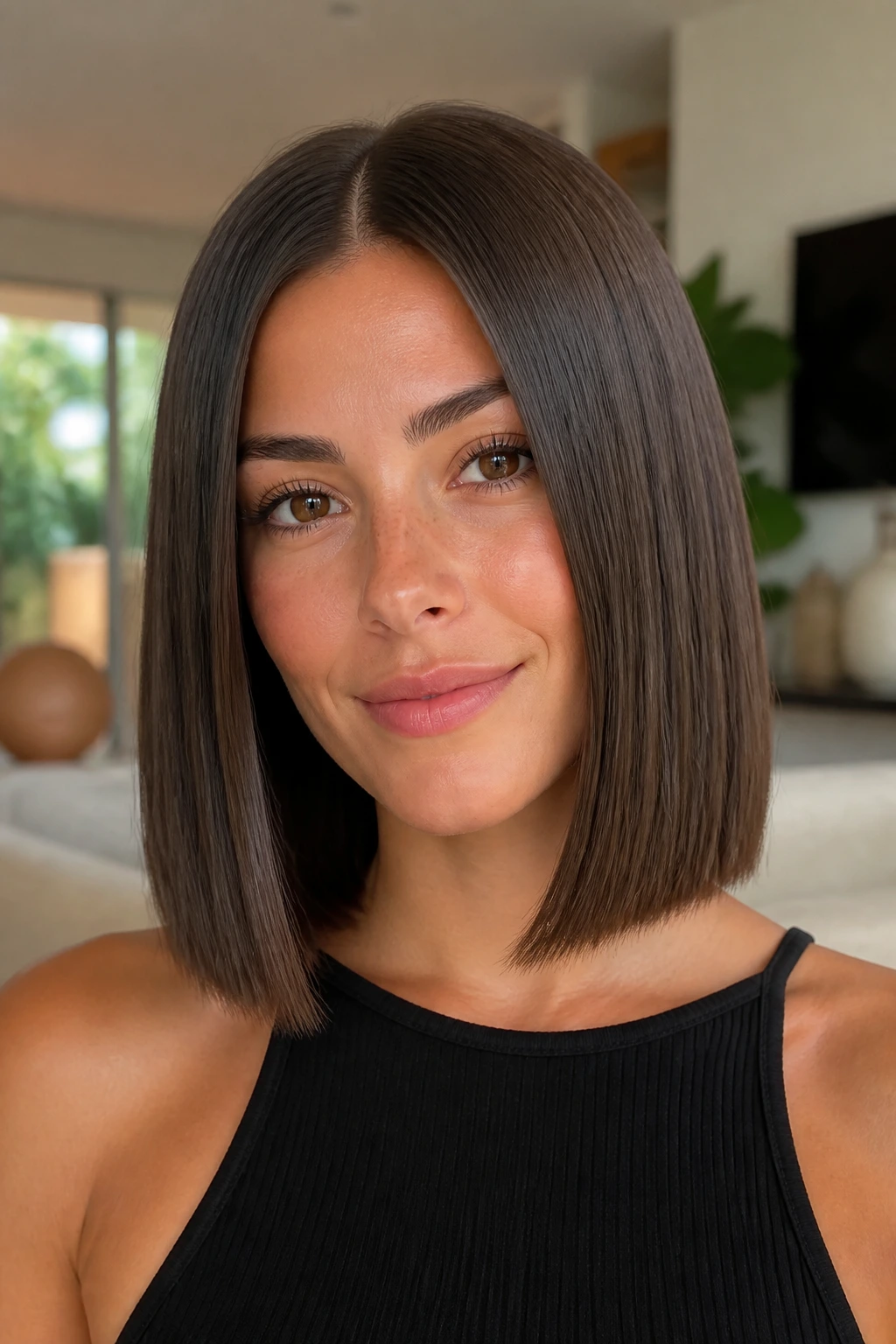Close-up of a real woman with a blunt dense lob at collarbone length in warm diffuse light