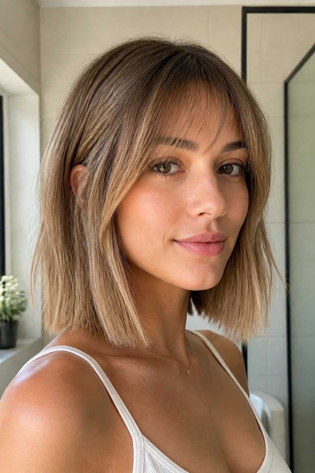 Portrait of a person with a fine-hair blunt lob and airy bangs under natural light