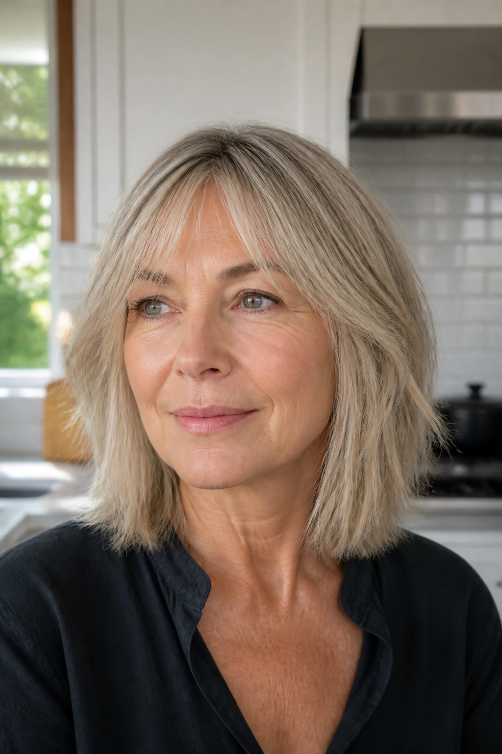 Real woman with fine-hair shag and blunt perimeter in a bright kitchen