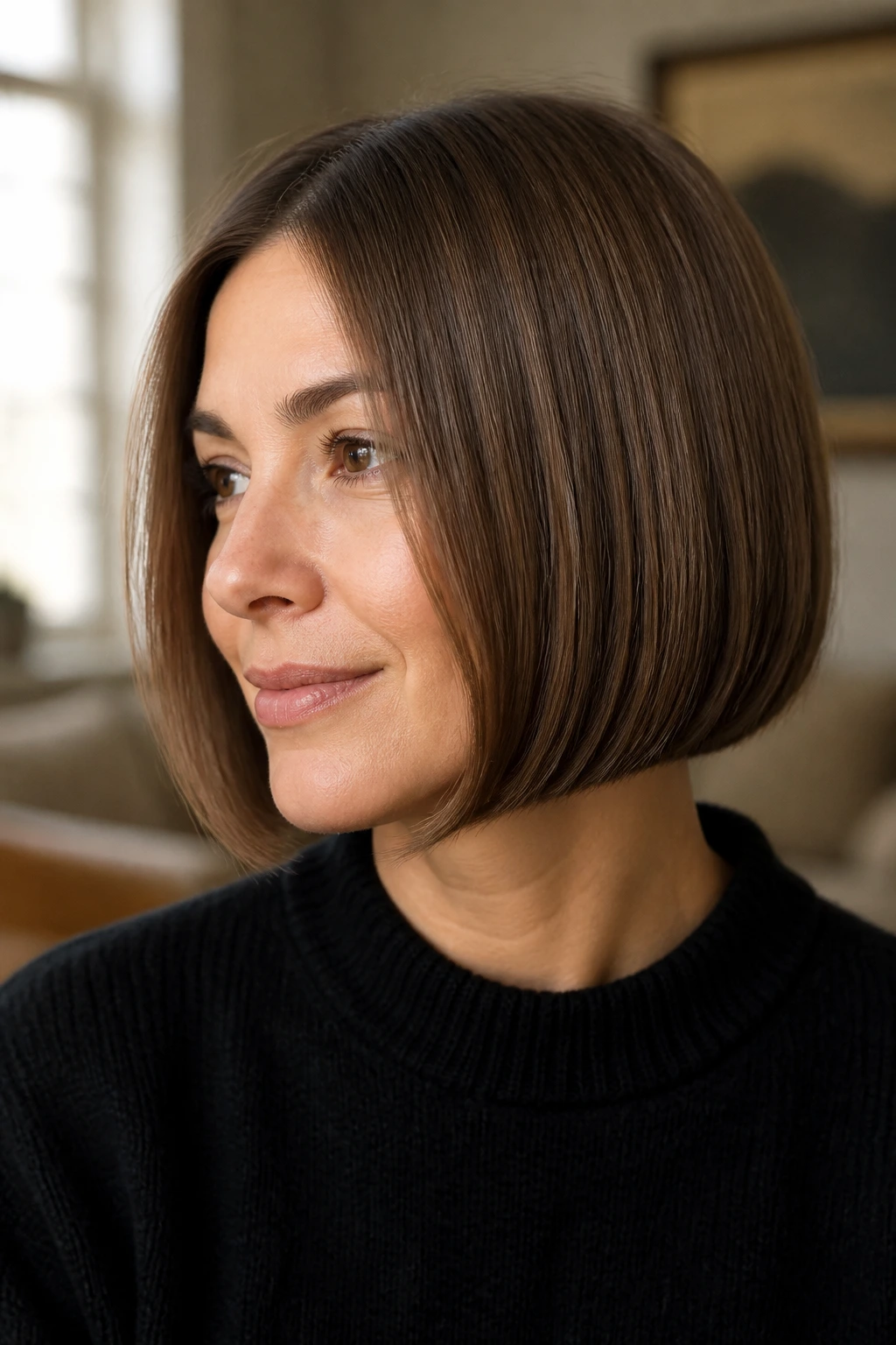 Close-up portrait of a real woman with a fine-hair bob and crisp ends.
