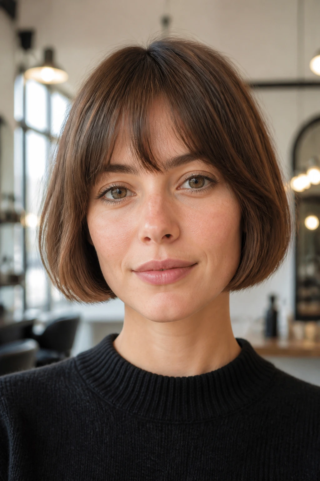 Close-up of a woman with a blunt-edged fine-hair French bob