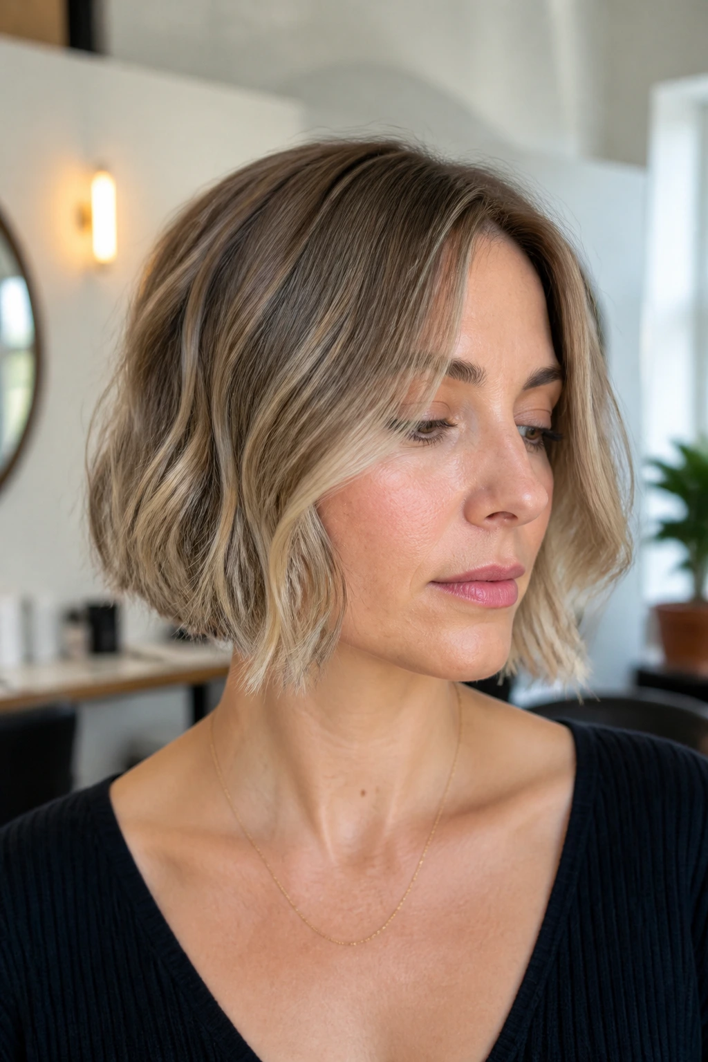 Close-up of a real woman with a chin-length fine-hair bob that appears airy