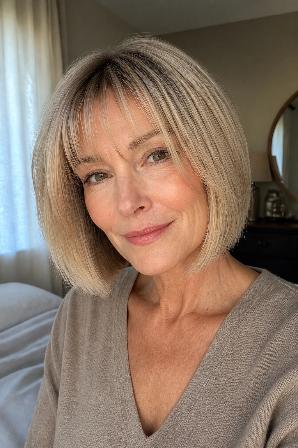 Close-up portrait of a woman with a fine-textured bob and airy bangs in soft daylight.