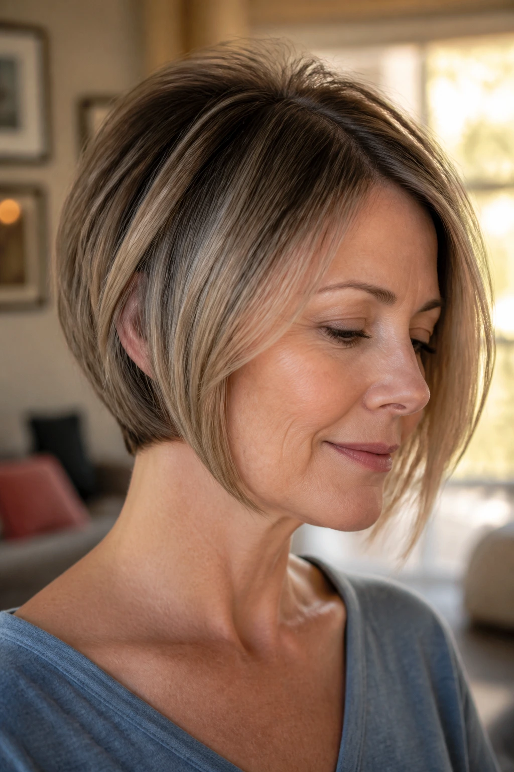Close-up portrait of a real woman with Fine-Hair Lifted Bob showing lifted silhouette and longer front
