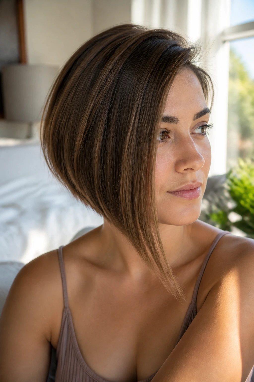 Close-up portrait of a real woman with fine-hair asymmetrical bob in soft morning light.